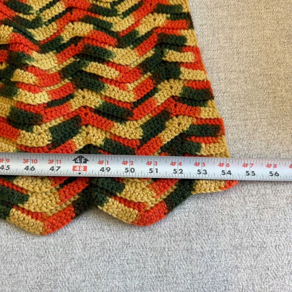 Handmade Crochet Afghan Throw Blanket Chevron‎ Ripple Green Orange Gold Vintage